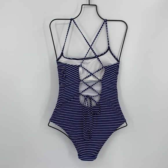 Lands End navy blue stripe swim white one piece swimsuit tie strappy new 6 - Picture 2 of 4
